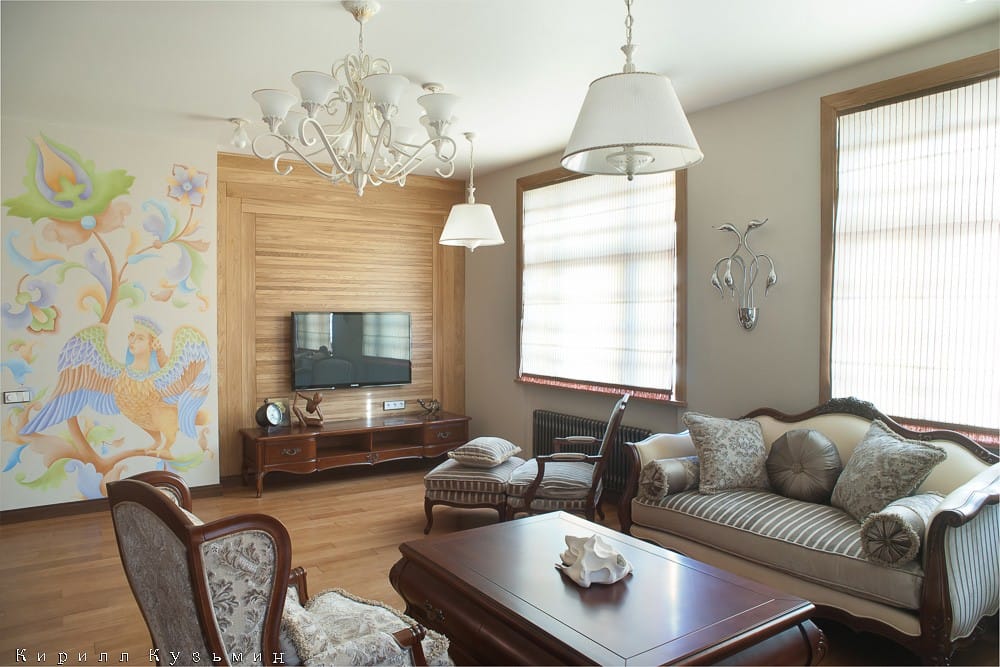 Интерьер гостиной с виниловым проигрывателем и пластинками